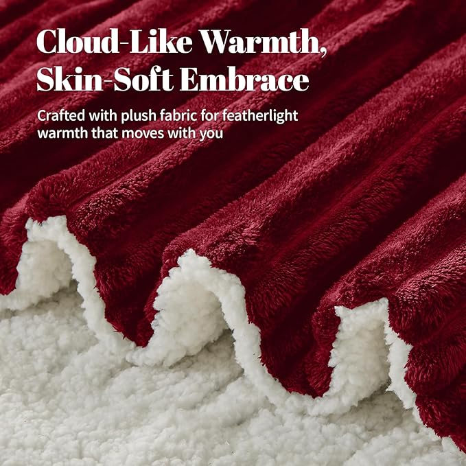 Electric Heated Throw Blanket - 50"x60" Fast Heating Bed Blankets with 6 Heating Levels & 4 Hours Auto Off, Soft Ribbed Flannel Sherpa, Over-Heated Protection ETL, Red