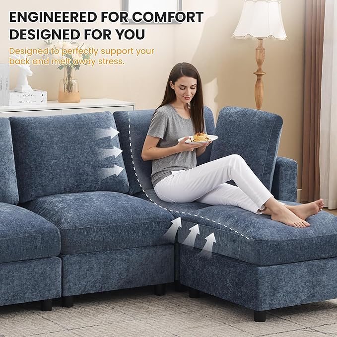 116'' 4-Seater Modular Sectional Cloud Sofa, Straight-Line Couches for Living Room, Modern Upholstered Deep Seat Sofa, Chenille Blue