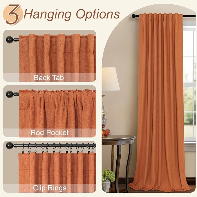 Burnt Orange 100% Blackout Window Curtain Panels Light Blocking Linen Boho Black Out Drape for Nursery 84 Inch Long Thermal Insulated Draperies for Living Room Bedroom Fall Decor 2 Pieces 52x84 Length