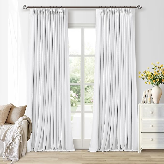 Soft White 100 Inch Floor Length Linen Blackout Curtains for Bedroom Pinch Pleated Black Out Thermal Insulated Window Drapes Light Blocking Double Layer Soundproof 100 Inch White Curtain 2 Panels