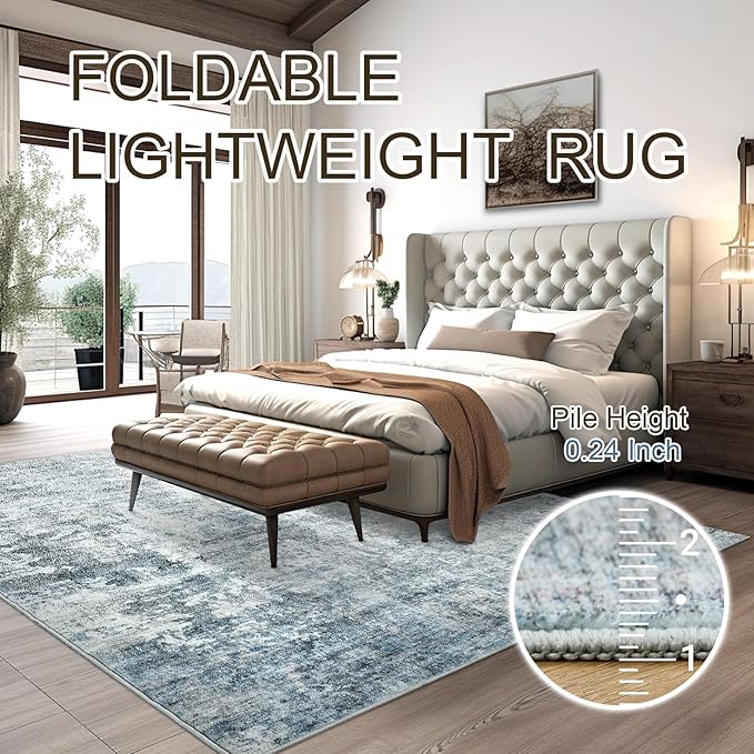 Area Rug 6x9 Abstract Rugs for Living Room 6 x 9 Washable Rugs Blue Non Slip Low Pile Rugs for Bedroom Dining Room Foldable Thin