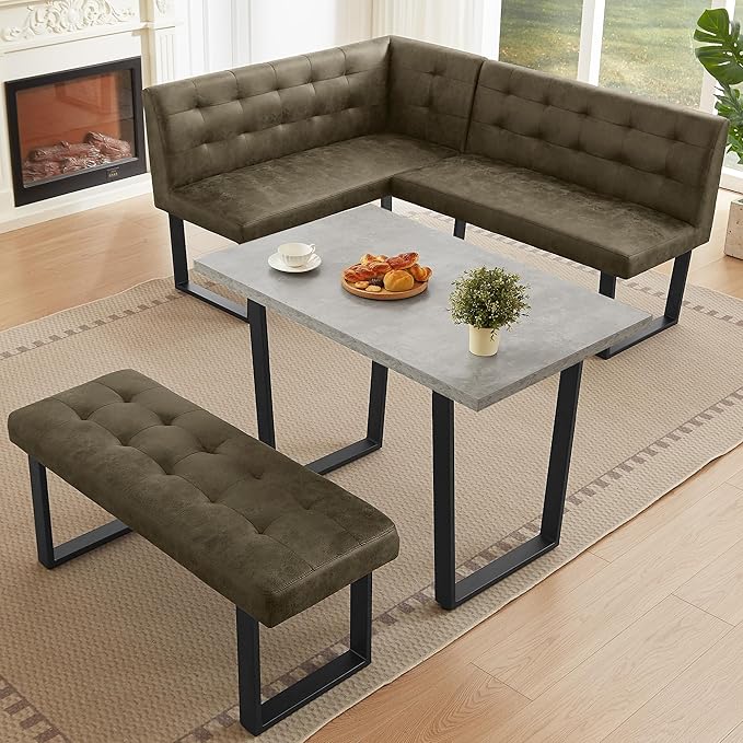 3-Piece Corner Dining Table Set with Bench, 70 Inch Space-Saving Breakfast Nook for Kitchen & Dining Room(Grey Table+Right Seat Brown Bench)