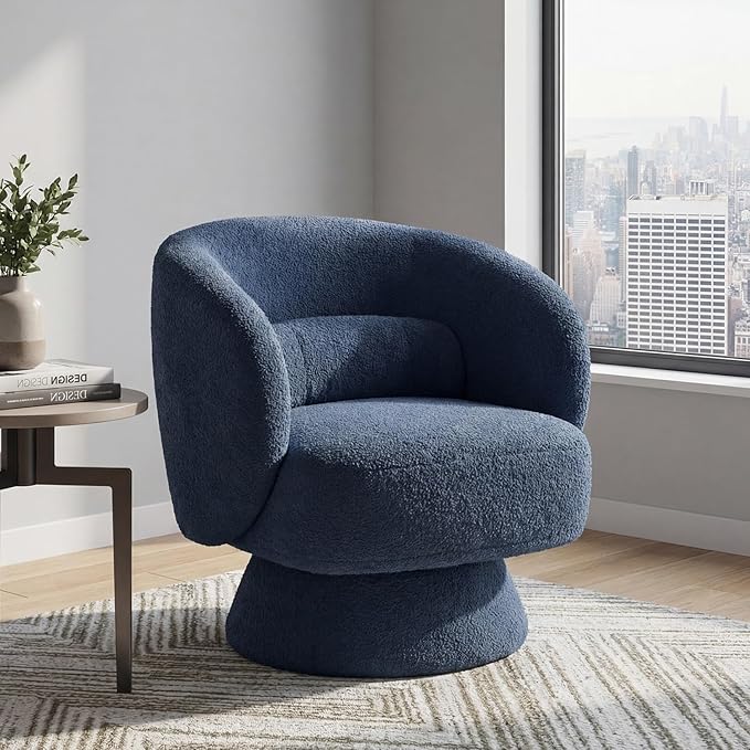 Swivel Accent Chair, Modern 360 Degree Swivel Barrel Chair with Arms & Curved Back and Lumbar Support Cushion, Comfy Round Single Boucle Sofa for Small Space, Living Room, Bedroom, Blue