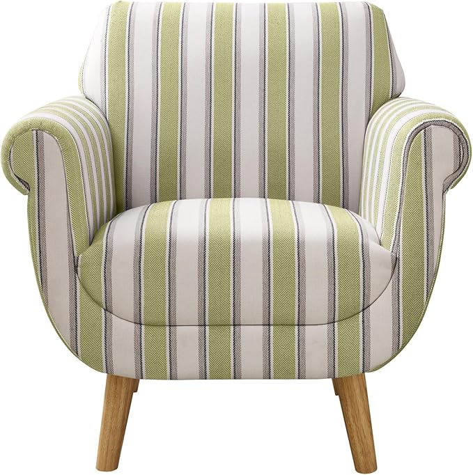 VANOMi Mid-Century Accent Chair with Stripe Pattern, Modern Linen Fabric Armchair with Wood Legs, Club Chair for Living Room, Comfy Upholstered Side Chairs for Bedroom, Reading, Small Place (Green)