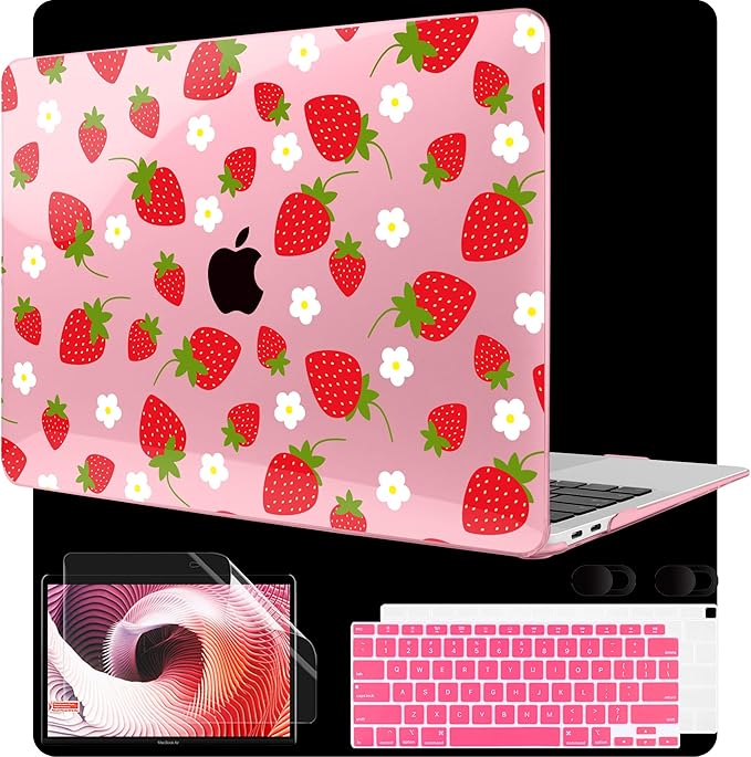 MEEgoodo for MacBook Air 13 inch Case 2021 2020 2019 2018 Released A2337 M1 A2179 A1932 with Touch ID, Plastic Hard Shell & Keyboard Cover Compatible with MacBook Air Case 13.3, Strawberries & Flowers