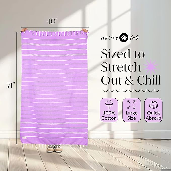 Native Fab Turkish Cotton Beach Towels Set of 6, Oversized 40x71 Inches, Thin & Lightweight, Quick Drying, Sand Resistant, Compact for Travel - Perfect for Summer, Beach, Pool, Spa - Multi 6 Colors