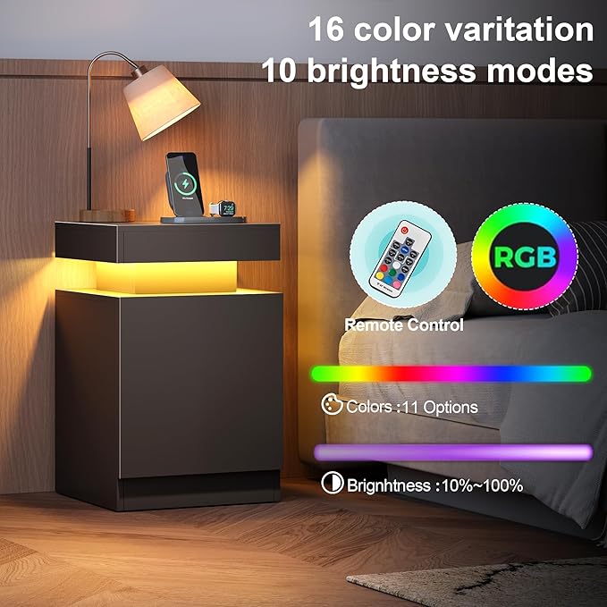 MXV Nightstand Set of 2 with LED Lights,Night Stand with Storage Cabinet for Bedroom,Bedside Table with LED (Black, 15IN)