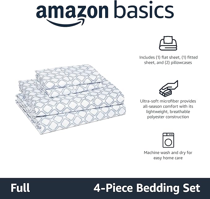 Amazon Basics Lightweight Microfiber 4-Piece Bed Sheet Set, Aqua, Printed, Full