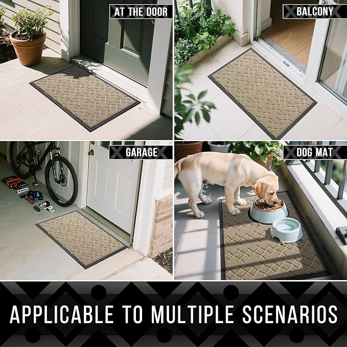 Yimobra Outdoor Mats for Front Door 29.5x17, All-Season Waterproof Doormat Outdoor Entrance, Heavy Duty Non-Slip Outside Door Mat for Garage Patio Proch Entryway Indoor, Light Beige