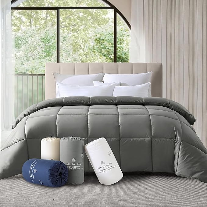 Farm to Home Down Alternative Comforter Queen Size Organic Cotton Duvet Insert Hotel Collection Hypoallergenic Machine Washable 98 x 90 for All Season