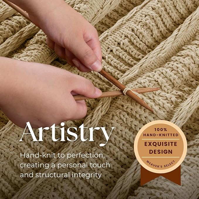 Boho Knitted Chenille Blanket with Tassels - Lightweight & Soft All-Season Throw - 3D Classic Pattern for Living Room Bedroom Couch, Sandy Beige, King 90"x108"
