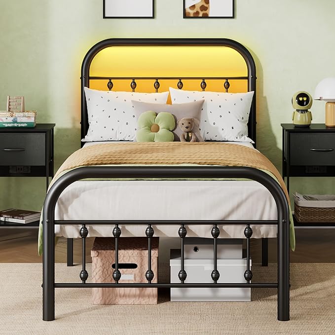 WLIVE Metal Platform Bed Frame, Twin Bed Frames with Headboard, Bed Frame with LED Lights and Charging Station, 600LBS Mattress Foundation, Under Bed Storage, No Box Spring Needed, Black