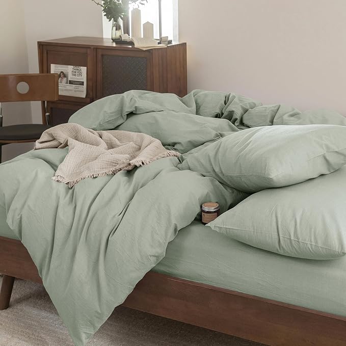 FOSSA Duvet Cover Set 100% Washed Cotton Linen Feel Super Soft Breathable Cozy Simple Style 3 Pieces Bedding Sets Solid Sage Green Oversized King Plus