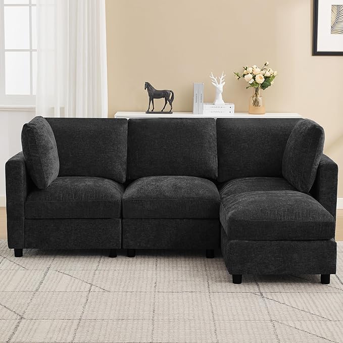 89'' 3-Seater Modular Sectional Cloud Sofa with Ottoman, L-Shaped Couch for Living Room, Modern Convertible Deep Seats Sofa, Chenille Dark Grey