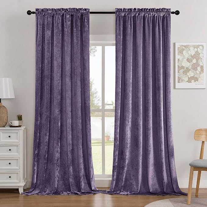 SMILETIME Lilac Purple Crushed Velvet Curtains 52x96inch Rod Pocket Luxurious Thermal Insulated Soundproof Drapes Soft and Durable Light-Filtering Window Treatments for Living Room Bedroom, 2 Panels