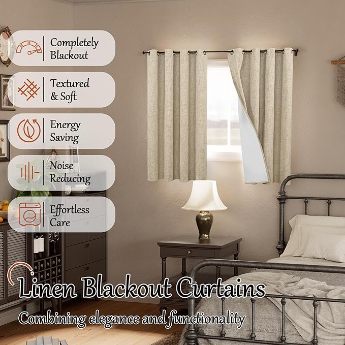Short Blackout Curtains 45 Inch Length 2 Panels, Thermal Insulated Total Light Blocking Linen Window Curtains for Farmhouse Bedroom Basement, Bronze Grommet, Burlap, Each 52" Wide