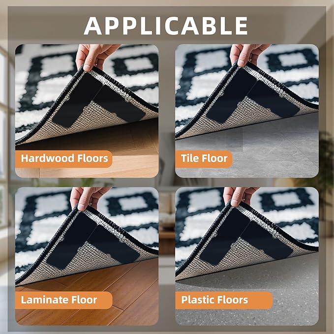 Rug Carpet Non Slip Grippers 8PCS, Reusable Double Sided Rug Pads Corner Gripper Tape for Area Rugs on Hardwood Floors, Strong Adhesive No Damage Removable Carpet Stickers