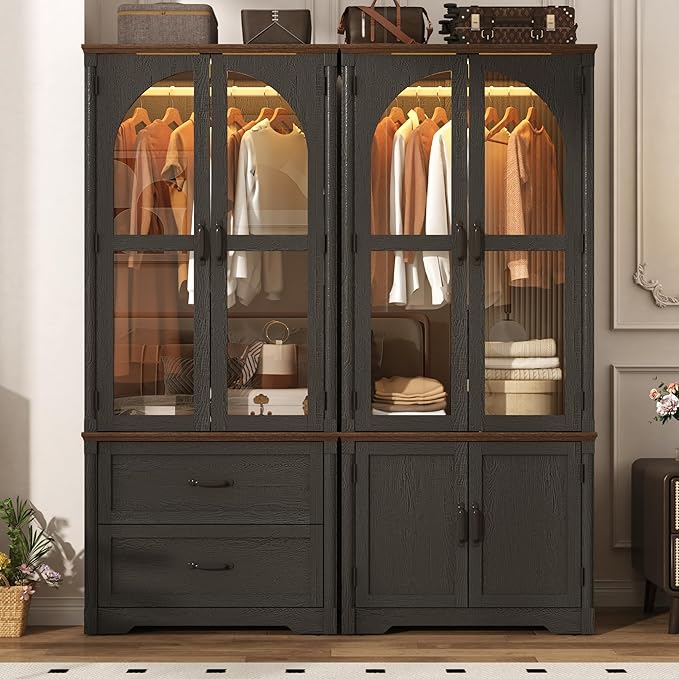 Tall Farmhouse 4 Doors Armoire Wardrobe Closet with LED ,72" Freestanding Arched Wardrobe Closet Cabinet for Bedroom w Glass Doors/Drawers,Wooden Clothing Storage Cabinet,Closets for Bedroom(Black)