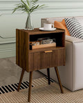 Nightstand,Modern Bedside Table with Storage Drawer and Open Wood Shelf, Accent Night Stand with Solid Wood Legs for Living Room, Bedroom and Small Spaces,Easy Assembly (Walnut Brown)