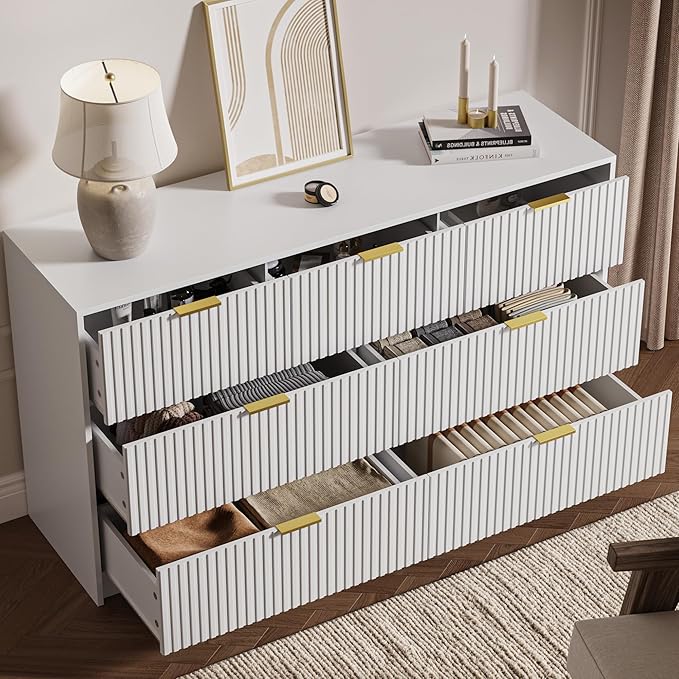White 7 Drawer Dresser for Bedroom, 55.9" Wide Modern Fluted Dresser with Gold Metal Handles, Wide Chest of Drawers for Bedroom, Living Room, Entryway, Hallway