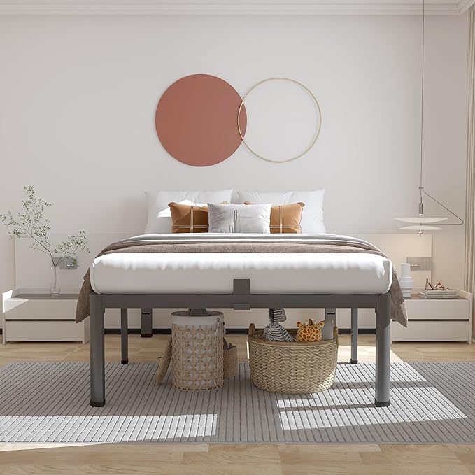ROIL 16 Inch Twin XL Bed Frame with Rounded Corner and Headboard Hole Mattress Retainers 3500LBS Metal Heavy Duty Steel Slats No Box Spring Needed Platform Noise-Free Easy Assembly