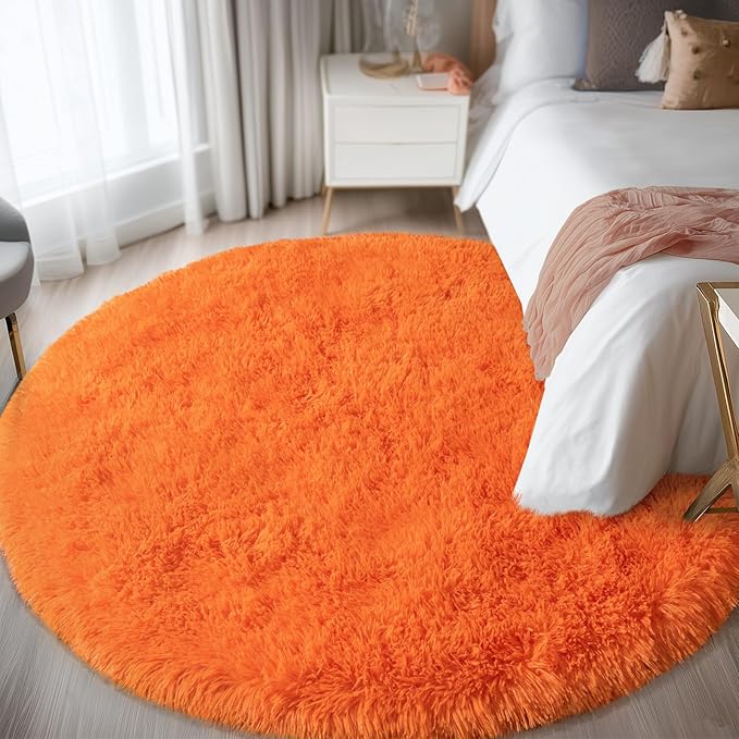 Round Orange Rug for Bedroom, 5 ft Circle Area Rugs for Living Room, Soft Fluffy Shag Carpet for Teen Girls Boys Nursery Room Dorm Home Decor Aesthetic