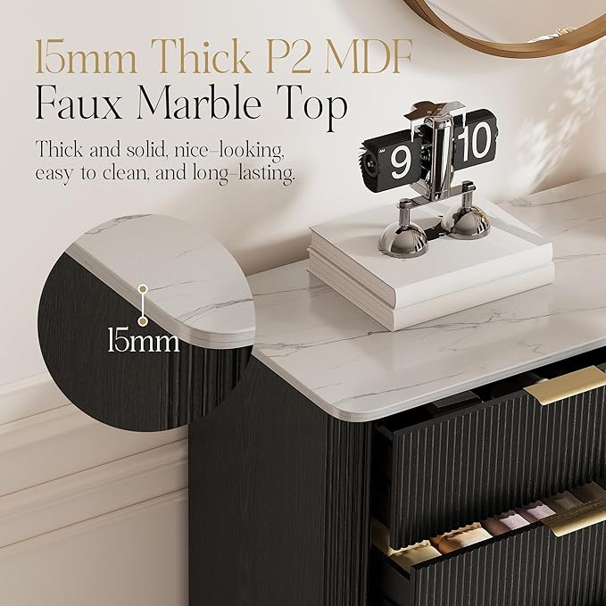 Fluted Drawers Dresser for Bedroom with 10 Drawers, 42'' Wide Mid Century Dressers with Faux Marble Top & Metal Handle, Wooden Chest of Drawers TV Stand, Natural Wood Closet Storage Organizer,Black