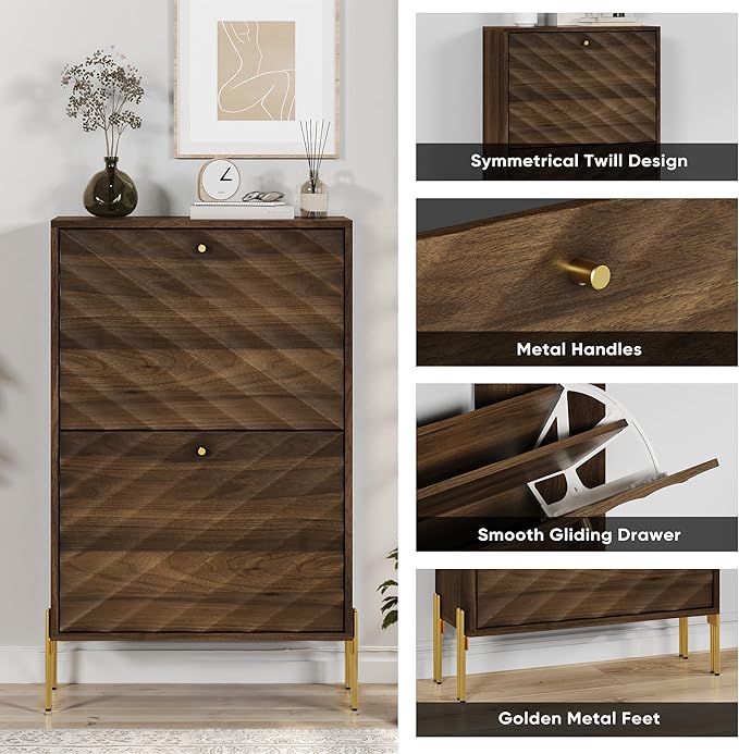 Smuxee Walnut Shoe Cabinet with 2 Flip Drawers, 23.6" Hidden Shoe Storage Cabinet with Golden Metal Feet, Freestanding Shoe Organizer Cabinet for Entryway, Hallway, Living Room