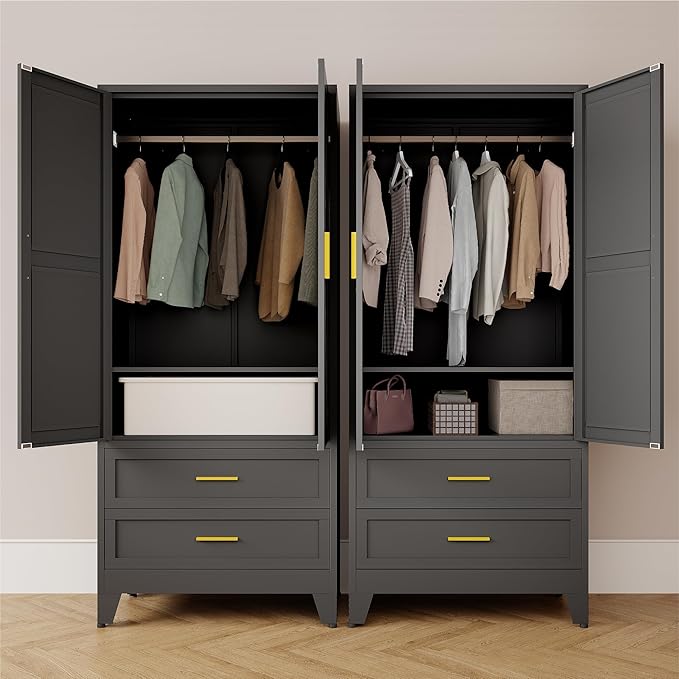 Metal Armoire Wardrobe Closet,71" Tall Black Storage Cabinet with Hanging Rod,2 Drawers & Adjustable Shelves,Heavy-Duty Steel Wardrobe for Bedroom, Garage, and Office