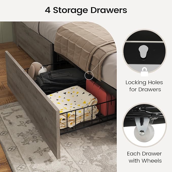AOGLLATI Twin Bed Frame with 4 Storage Drawers and Charging Station, Farmhouse Wooden Led Twin Bed with Storage Hidden Space Headboard and Metal Slats, Gray