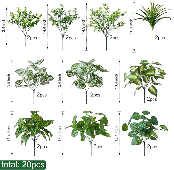 Artificial 20pcs Bunches Greenery Plants Fake Plastic Leaves with Stems UV Resistant Outside Faux Plants Bushes for Outdoor Patio Garden Front Porch Yard Decor