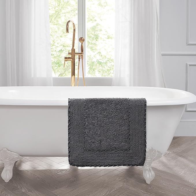 Laura Ashley Ruffle Border Dark Grey 27"x 45" 100% Cotton Bath Rug