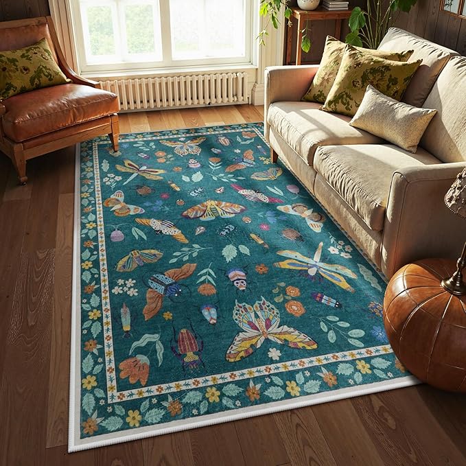 Lahome Insect Washable Small Area Rug, 3x5 Area Rug for Bedroom Living Room, Non-Slip Soft Accent Throw Carpet for Kitchen Office Entryway Bathroom Office, Dark Green