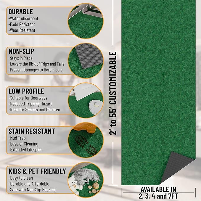 Ottomanson 2' x 20' Hallway Runner with Scraper Pile Extra Durable Non-Slip Rug Mat for Indoor & Outdoor Use - Ideal for Kitchen, Entryway, Patio & Garage - High-Traffic Carpet, Green