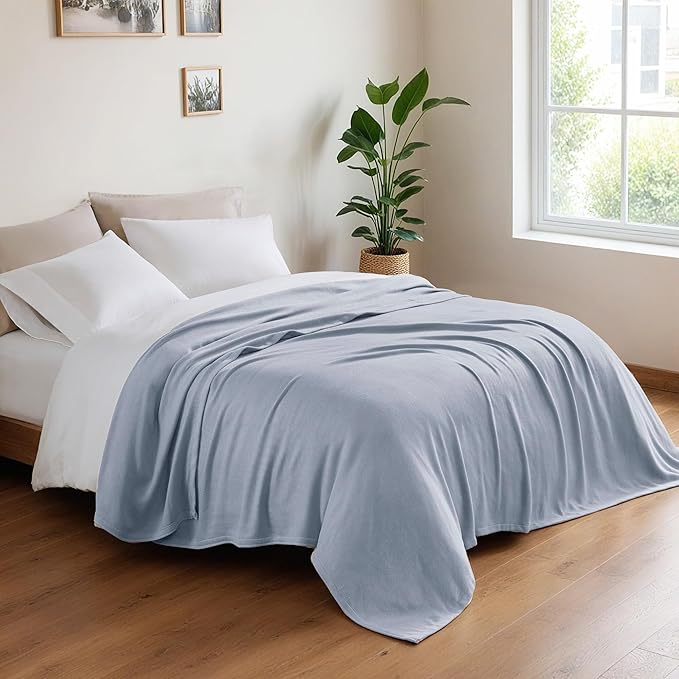 Twin Size Blanket, 70% Rayon (Derived from Bamboo) and 30% Cotton, Lightweight Jacquard Weave, Breathable and Soft Summer Blanket for Bed or Couch, 66” x 90”, Light Blue