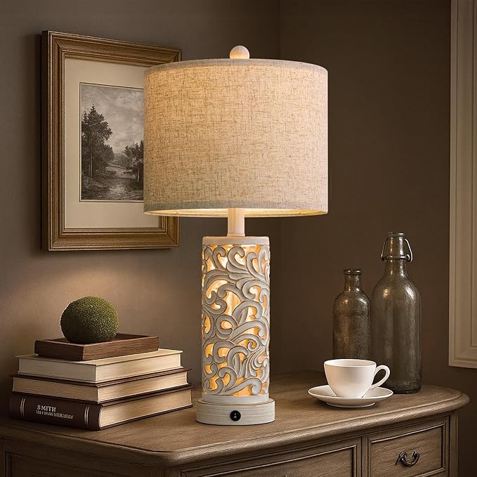 OYEARS 22'' Table Lamp Set of 2 for Living Room,Farmhouse Lamp for for Bedroom,Vintage Retro Bedside Lamps with USB Ports Linen Shade for Home Office (Wash White, Bulb Included)