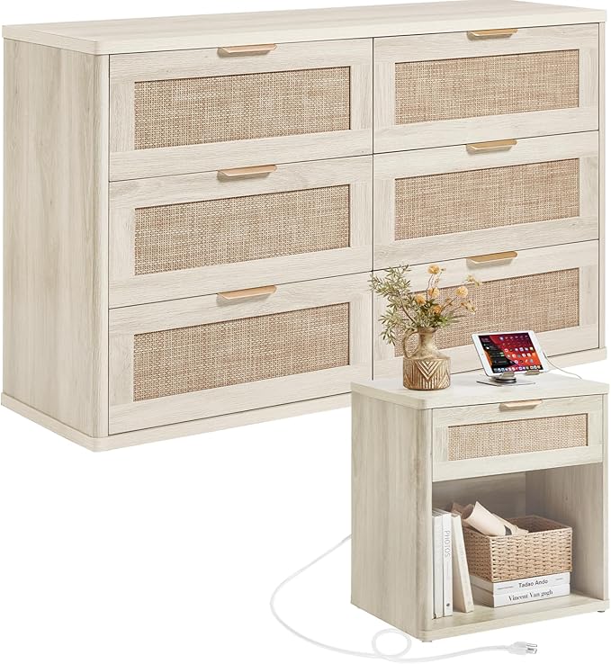 LEYAOYAO Rattan Dresser and Nightstand Set of 2, Boho Wood Dresser for Bedroom with 6 Drawers and Night Stand with Charging Station, Bedroom Furniture, Dressers & Chests of Drawers,Living Room,Hallway