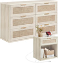 LEYAOYAO Rattan Dresser and Nightstand Set of 2, Boho Wood Dresser for Bedroom with 6 Drawers and Night Stand with Charging Station, Bedroom Furniture, Dressers & Chests of Drawers,Living Room,Hallway