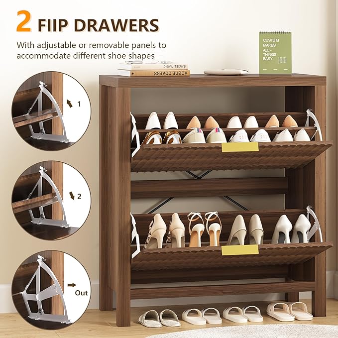 Shoe Cabinet Storage for Entryway, Fluted Shoe Cabinet with 2 Flip Drawers, Hidden Shoe Rack Tall Freestanding Shoe Organizer with Legs for Hallway, Walnut