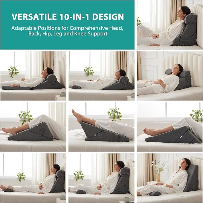 Bedluxe Adjustable 4pcs Bed Wedge Pillow Set, Memory Foam Wedge Pillow Post Surgery for Back, Neck, Leg Pain Relief, Pillow Wedge for Sleeping, Sitting up in Bed, Acid Reflux and GERD, Dark Grey
