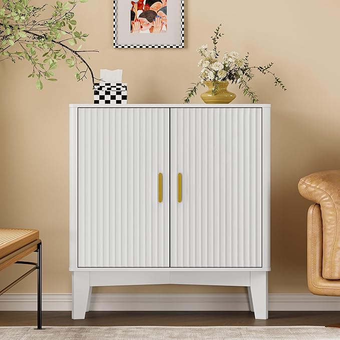 Storage Cabinet with Doors and Adjustable Shelf, Modern Fluted Sideboard Buffet Cabinet, Freestanding Coffee Bar for Kitchen, Pantry, Entryway, Living Room (White)