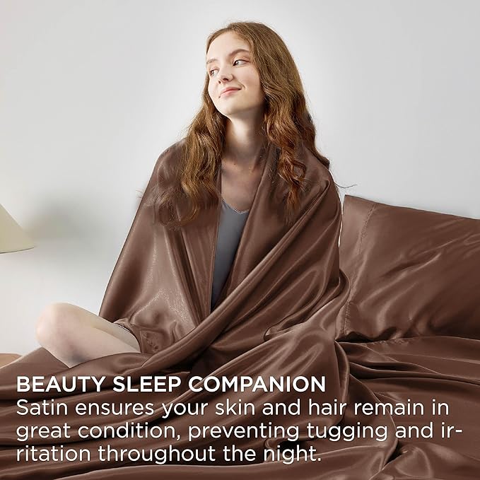Bedsure Satin Sheets Queen Size - 4 Piece Silky Bedsheets with 15 Inches Deep Pocket Fitted Bedsheet,1 Flat Sheet, 2 Satin Pillowcases, Good for Hair & Skin (Queen, Coffee)