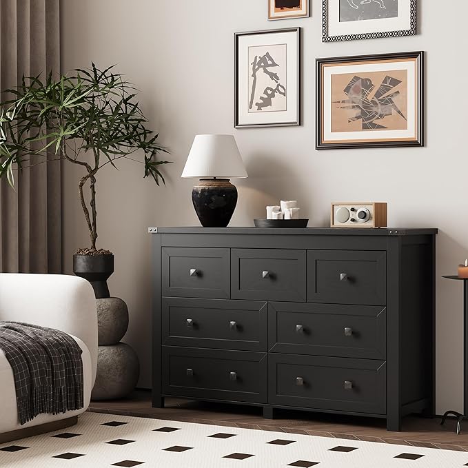 7 Drawer Dresser for Bedroom, Farmhouse Wood Chest of Drawers, Wide TV Stand Closet Storage Furniture with Metal Handle, Modern Wooden Clothes Organizer for Hallway, Living Room, Entryway, Black