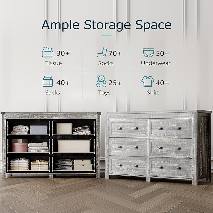 6 Drawer Dresser for Bedroom, Farmhouse Wood Chest of Drawers, Wide TV Stand Closet Storage Furniture with Metal Handle, Modern Clothes Organizer for Hallway, Living Room, Entryway, Grey