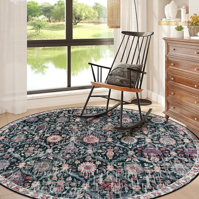 Lahome Moroccan Trellis Washable Round Area Rug, Soft Round Rugs 6ft Ultra-Thin Non-Slip, Vintage Large Circle Carpet for Bedroom Living Room Kitchen Nursery, Black/Multi