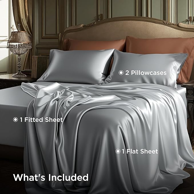 Bedsure Satin Sheets Twin Size - 3 Piece Silky Bedsheets with 15 Inches Deep Pocket Fitted Bedsheet,1 Flat Sheet, 1 Satin Pillowcase, Good for Hair & Skin (Twin, Silver Grey)