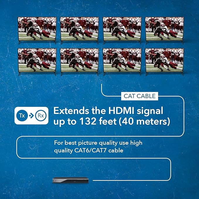 OREI HDMI Extender Splitter 1 in 8 Out Over CAT6/7 Cable 4K@30Hz with EDID Management - Up to 132 Ft - Loop Out - IR Control - Low Latency
