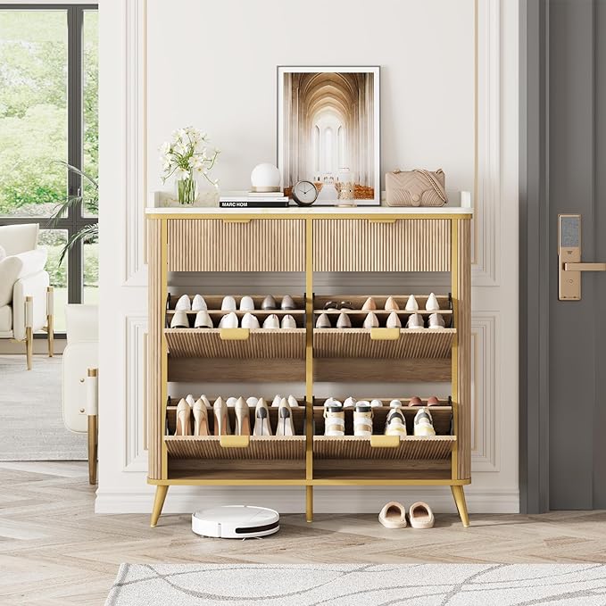 Fluted Shoe Cabinet Storage, Modern Slim Shoe Organizer Cabinet with 4 Flip Drawers & 2 Drawers, Wooden Freestanding Shoe Rack Cabinets for Entryway, Foyer, Hallway, Natural Oak