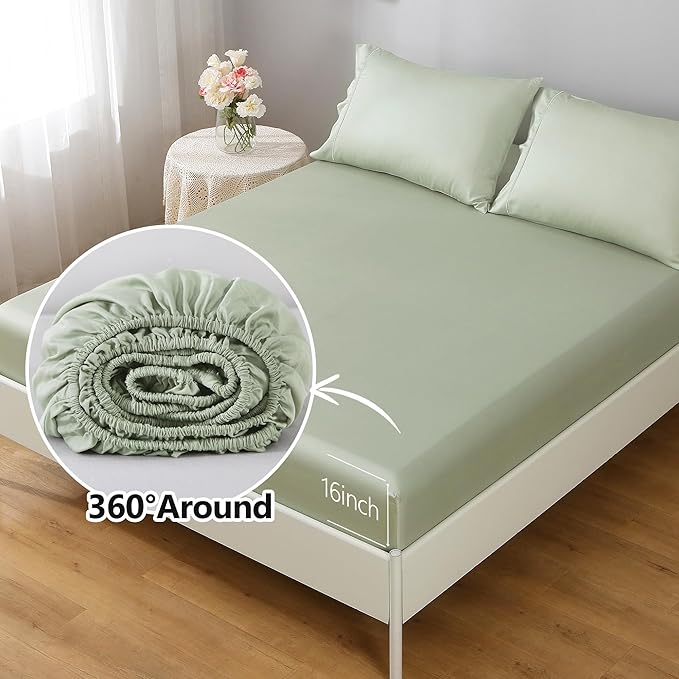 Linen World Cooling Bed Sheets Set King Size,100% Organically Grown Viscose Sheets,Deep Pocket Up to 16",4 Pieces Silky Soft,Breathable Bedding Sheets & Pillowcases(Sage Green,King)
