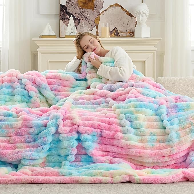 Cozy Bliss Faux Fur Throw Blanket for Couch, Cozy Warm Plush Striped Blanket for Sofa Bedroom Living Room, 90 * 90 InchesTie-dye Rainbow